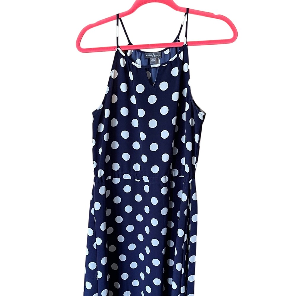 Market & Spruce Navy Polka Dot Sleeveless‎ Maxi Dress Halter Neck Side Tie M
